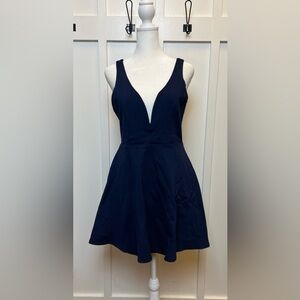 Lulus Womens Size Medium Deep V Neck Navy Fit Flare Lulu Glam Old Money Sleek